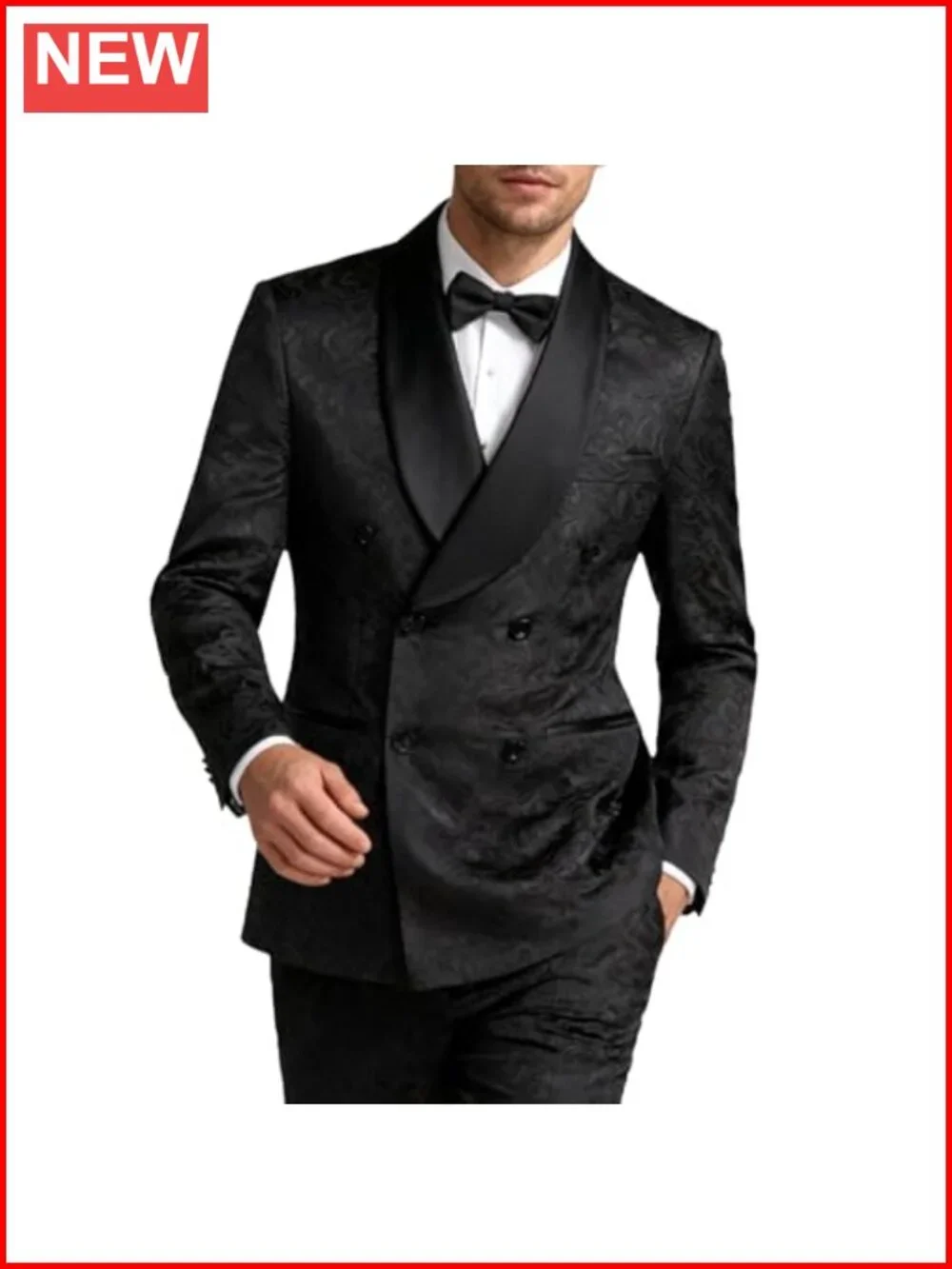 Slim Fit Double Breasted Men's 2 Piece Suit with Bow Tie - Paisley Jacquard